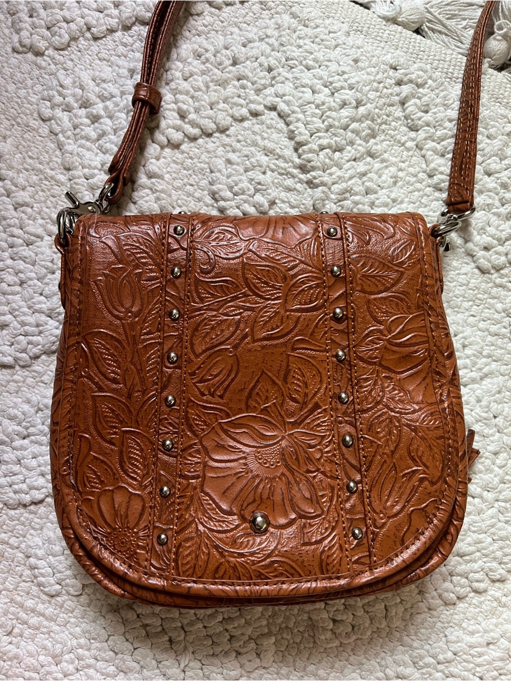 Embossed Floral Crossbody Bag — Tan